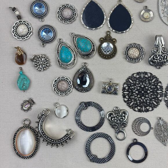 Craft Jewelry Pendants - 75+ Natural Stone Metal Medallion Teardrop Silver Tone - Picture 8 of 12